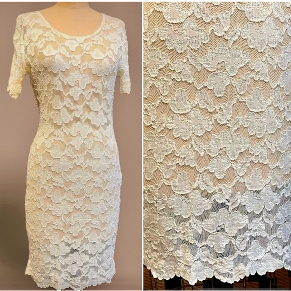 VINTAGE cream lace bodycon form fitting stretchy‎ mini dress Victorian cottage - Picture 1 of 14